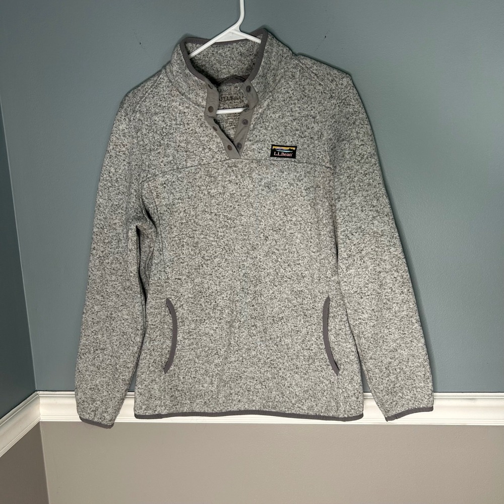 LL Bean Womens Sweater Fleece‎ Pullover Gray Heather Snap Mock Neck Large